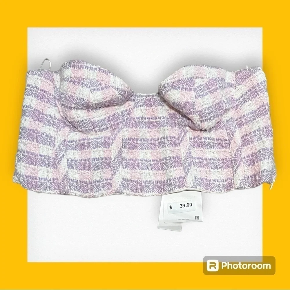 Zara Pink Purple Tweed Plaid Corset Bustier Crop Top Medium